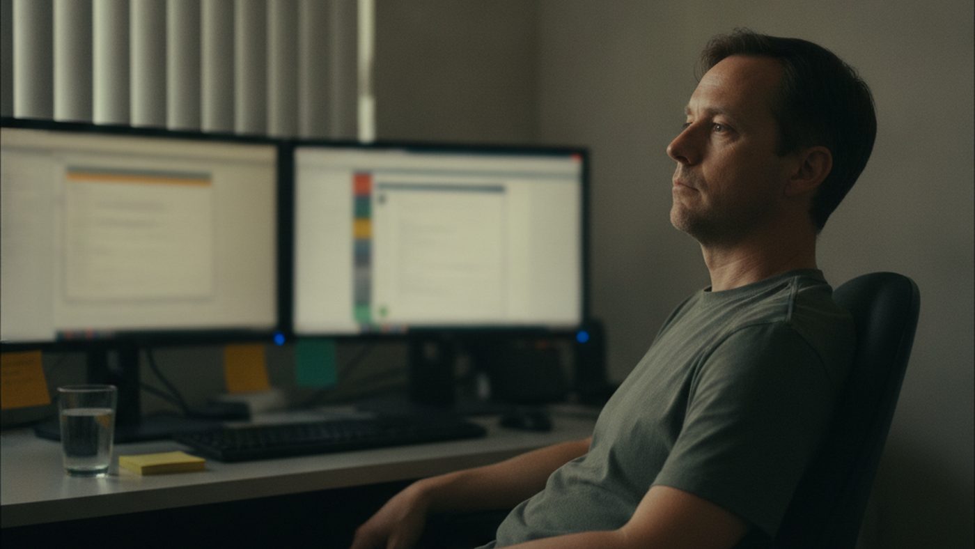 Worker sitting back from a desk at the end of a long day showing signs of work-related burnout