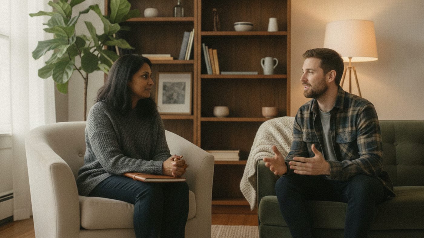 Client and therapist talking in a warm counselling room in London, Ontario