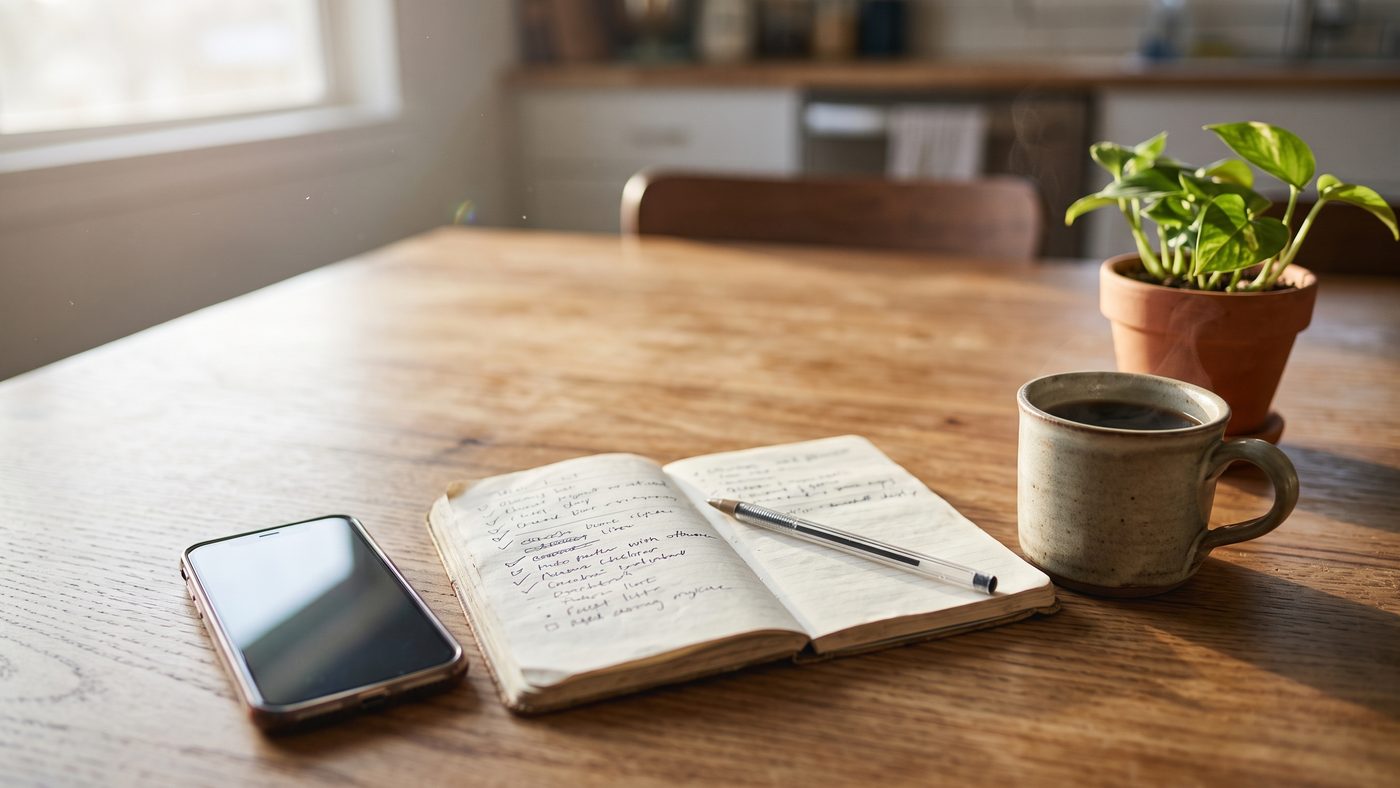 A phone and an open notebook with a handwritten list on a kitchen table beside a mug of coffee in morning light