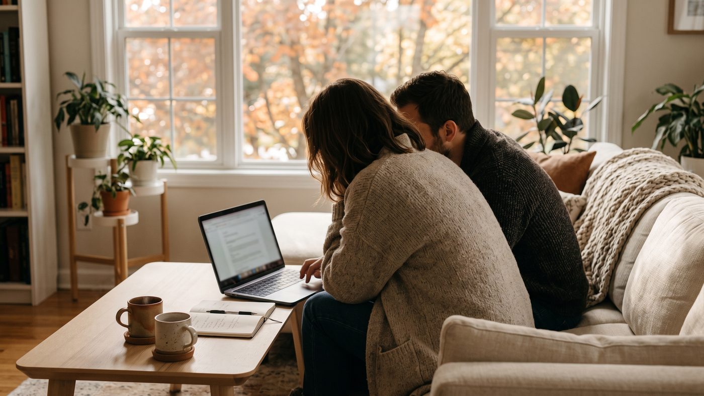 A couple seen from behind on a sofa, looking at a laptop together in a softly lit living room with autumn trees outside