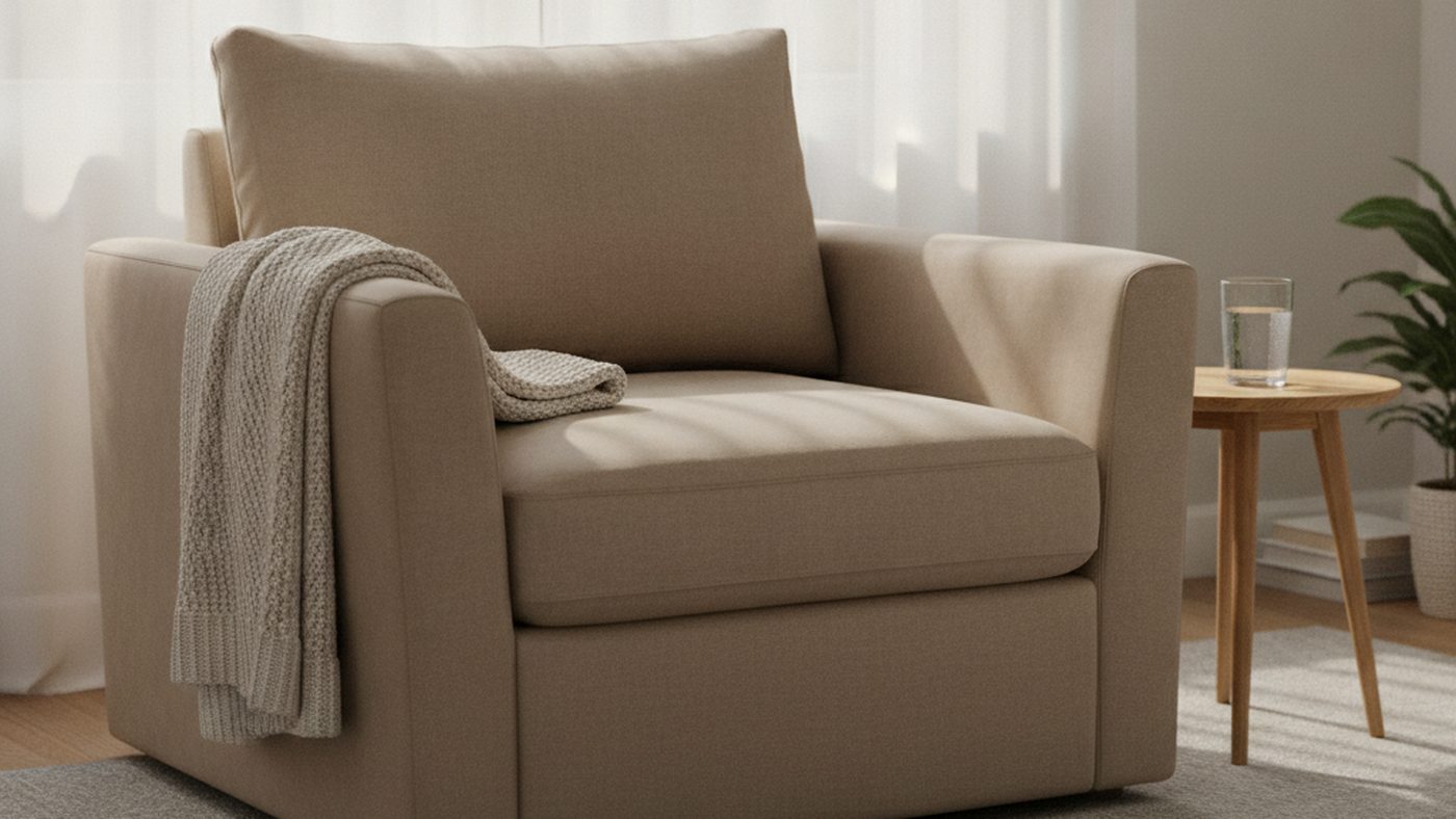 Soft morning light through sheer curtains onto an empty armchair with a knit blanket, a glass of water beside it
