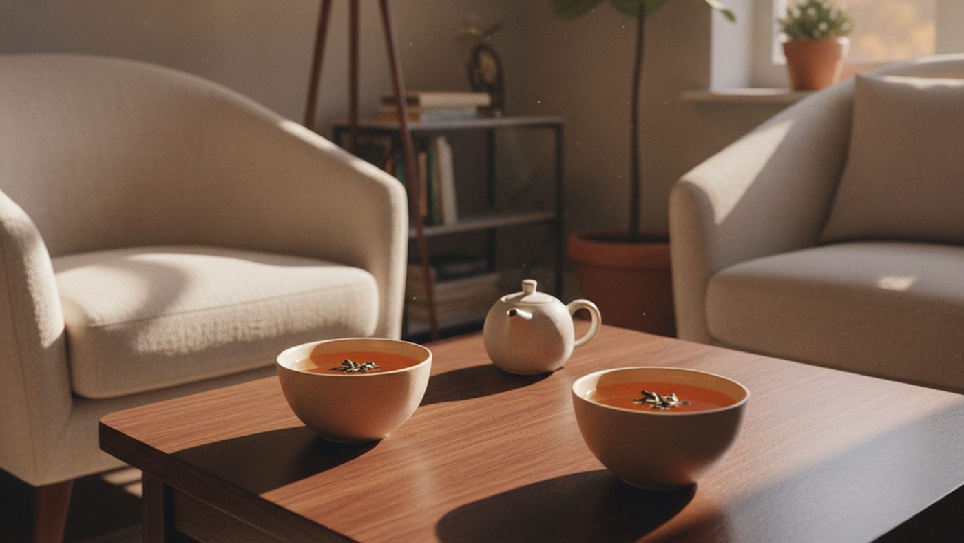 Two cups of tea and a small teapot on a wooden table between two armchairs in a softly lit room