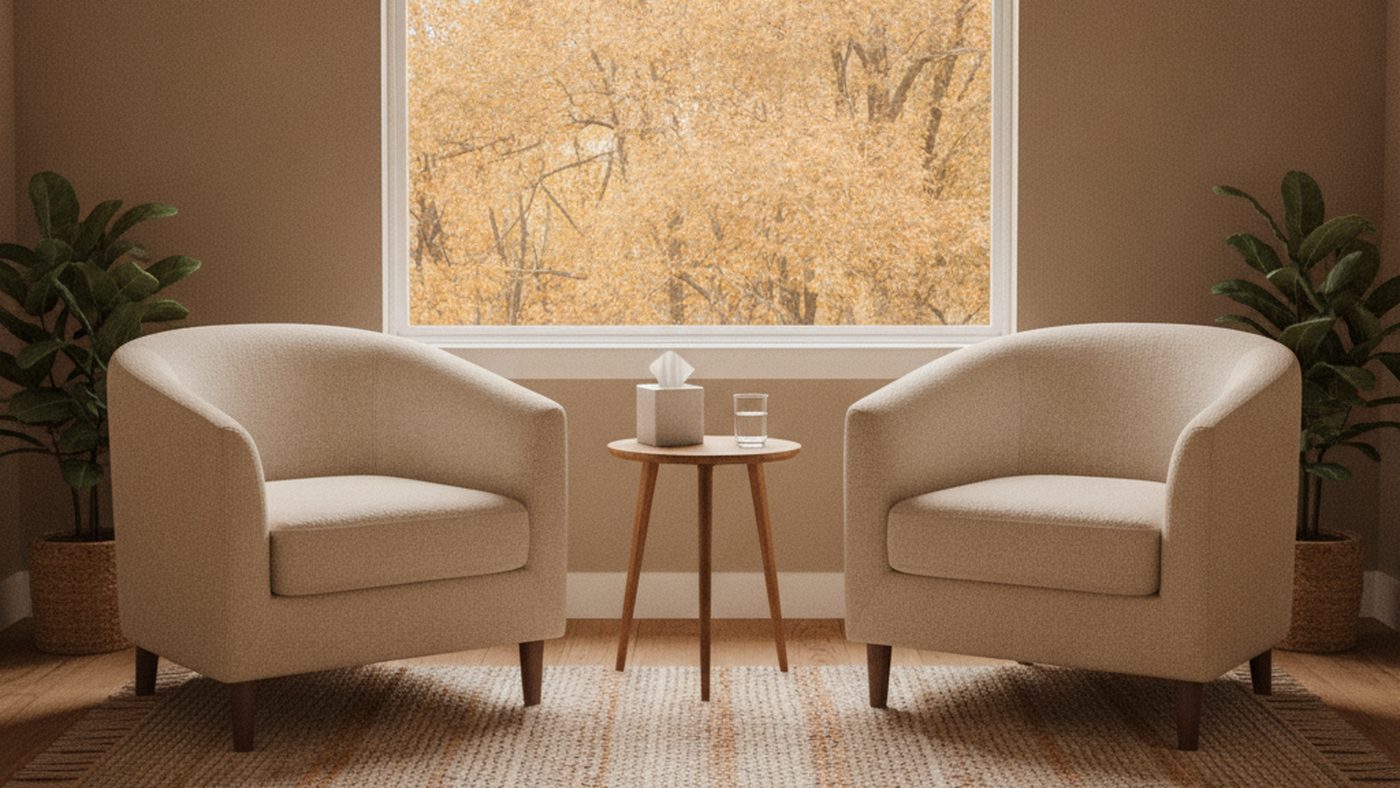 A calm counselling room with two armchairs facing each other and a large window looking out on golden autumn trees