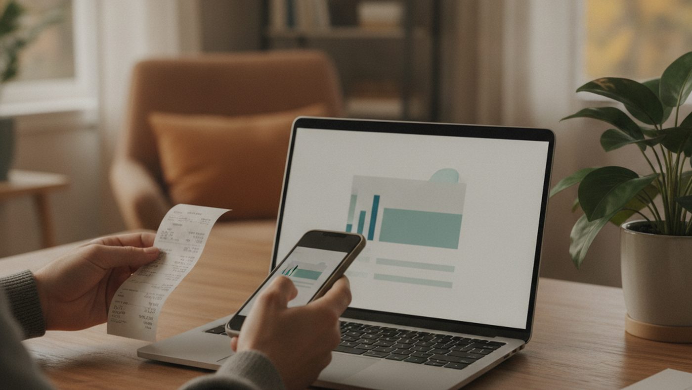A person holding a paper receipt and a phone beside a laptop at a home desk, submitting an extended health insurance claim