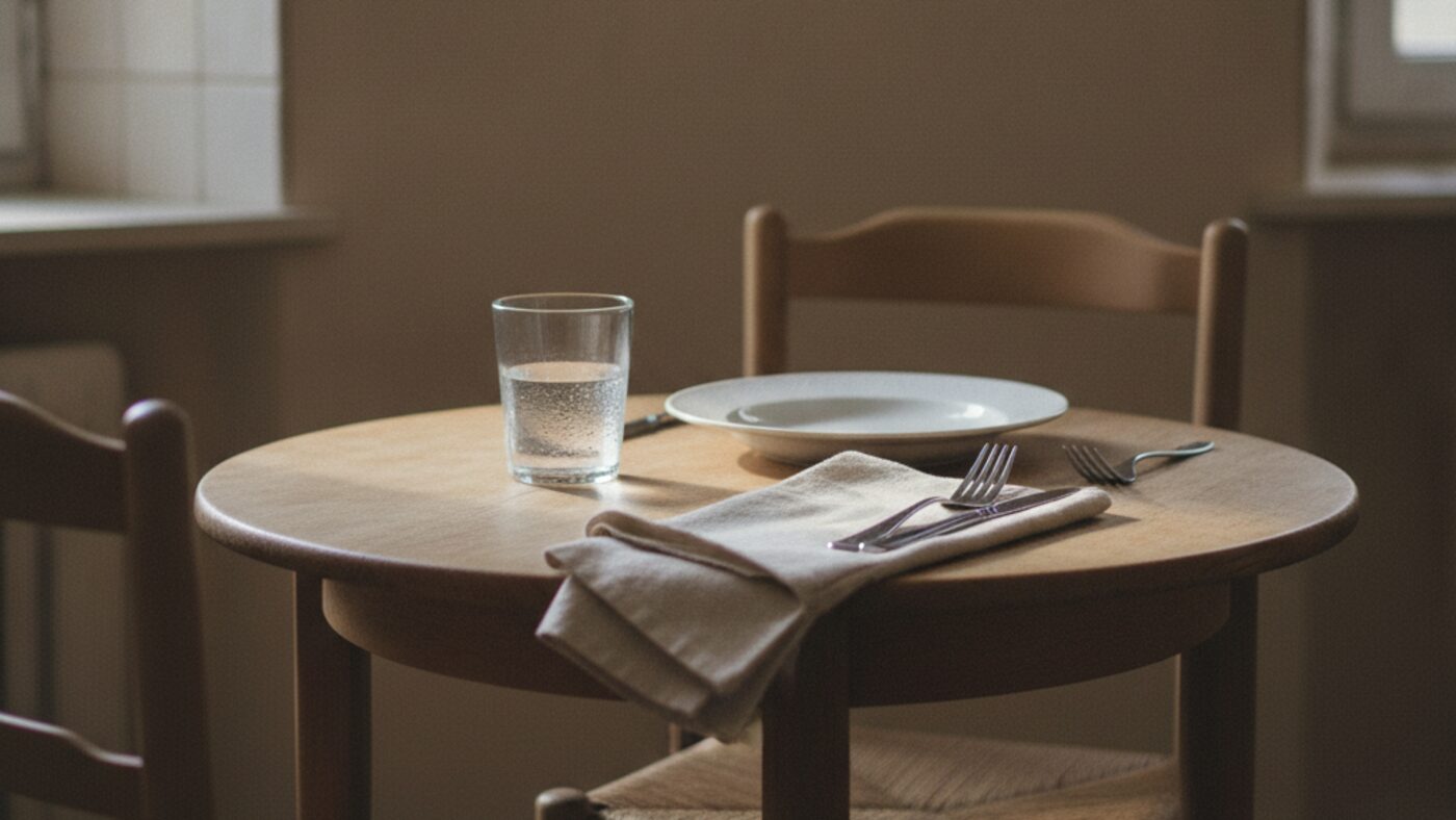 Kitchen table set for one with a plate, a glass of water and a folded napkin in soft morning light