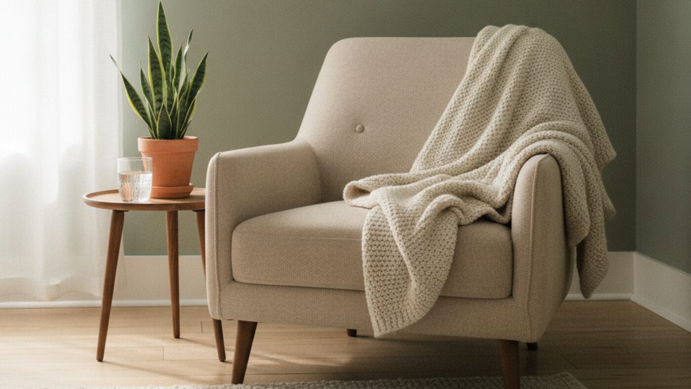 Two armchairs and a small table with a glass of water in a calm, neutral therapy room