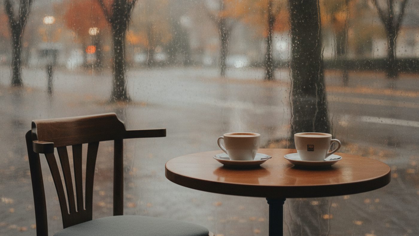 Two coffee cups on a small café table by a rain-streaked autumn window, an empty chair beside it