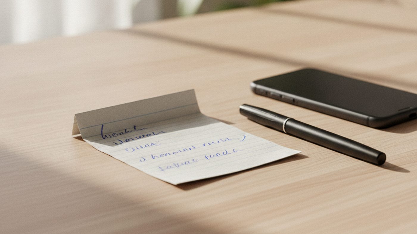 A folded handwritten note and a pen on a wooden table beside a phone, in soft daylight