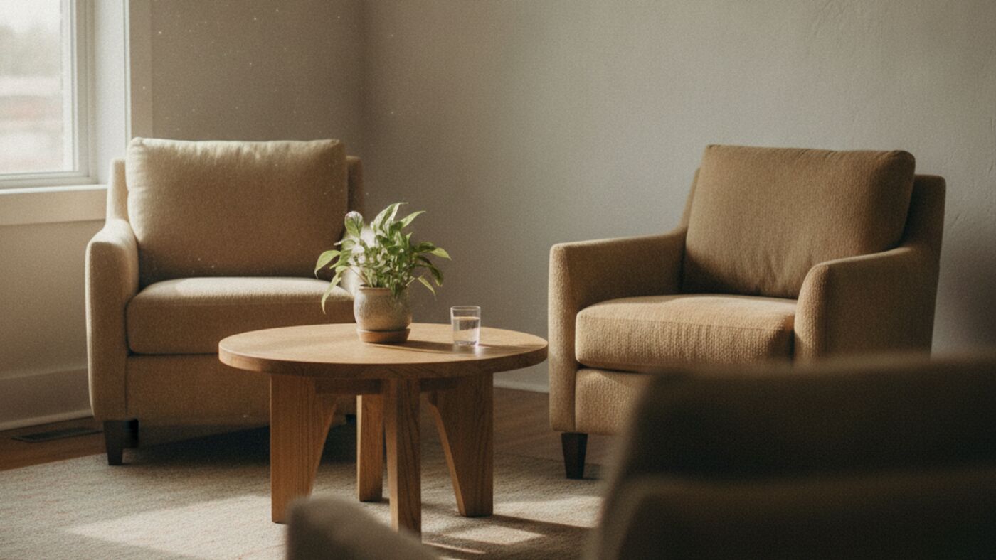 Two empty armchairs angled toward each other in a calm, softly lit therapy room with a low table between them