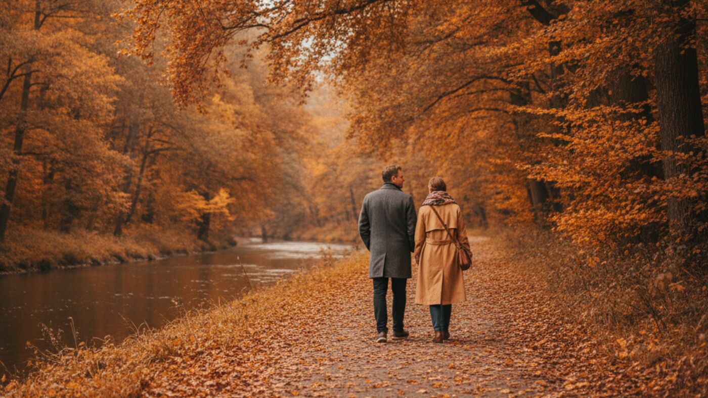 A couple walking side by side along a quiet tree-lined river path in autumn, seen from behind