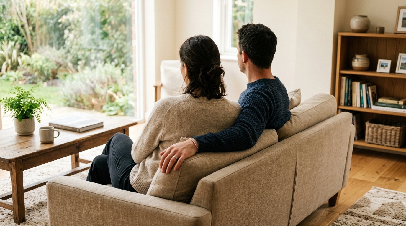 A couple sitting side by side on a sofa, seen from behind, one resting a hand on the other's arm