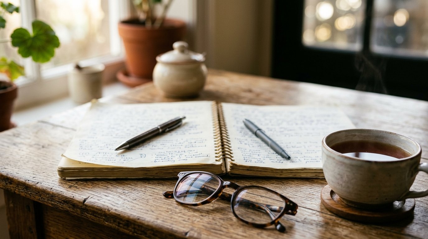 Two open notebooks with blurred handwriting, pens and a cup of tea on a wooden table