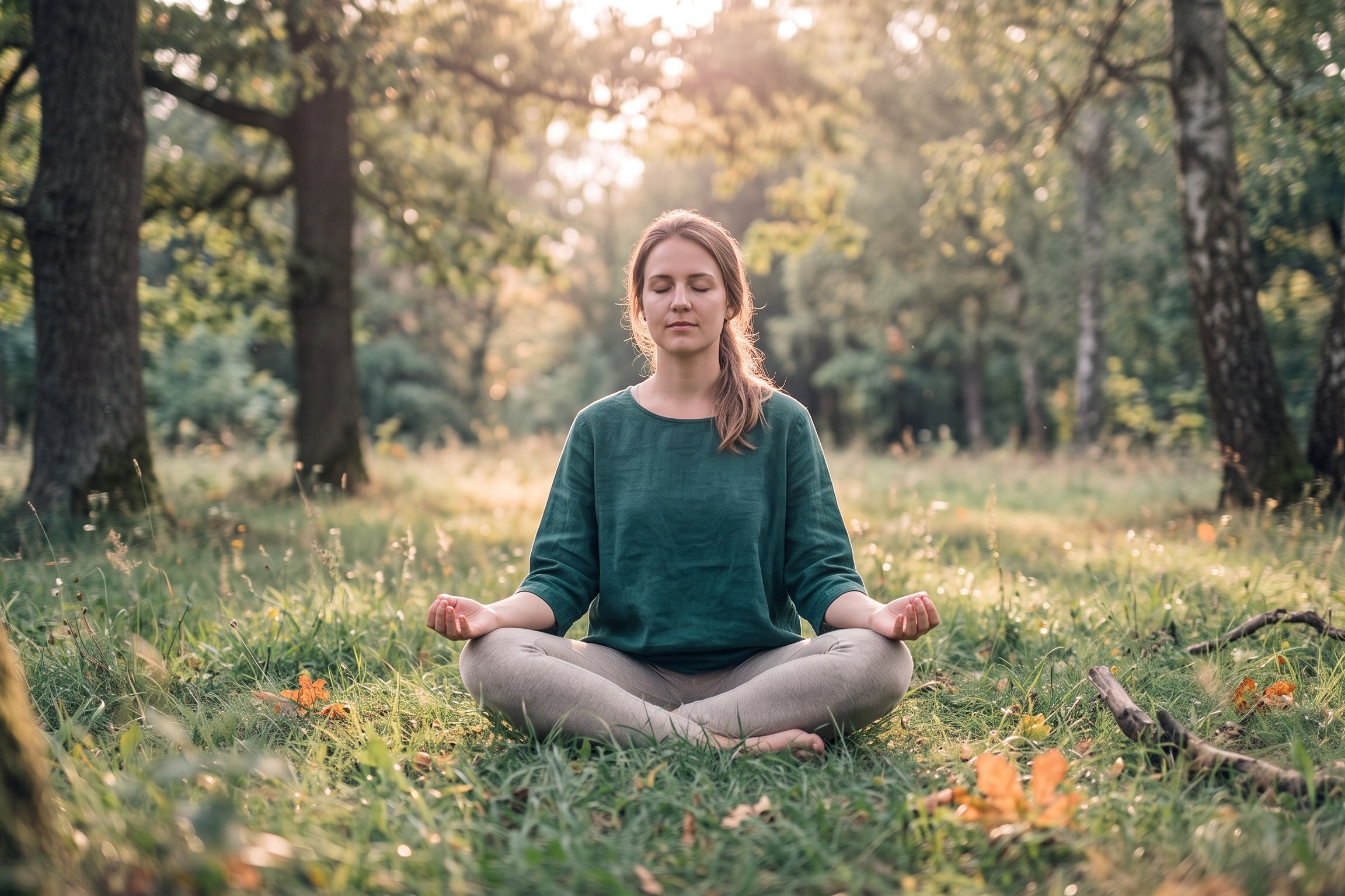 A woman sitting outdoors with her eyes closed, practising slow breathing to settle her nervous system