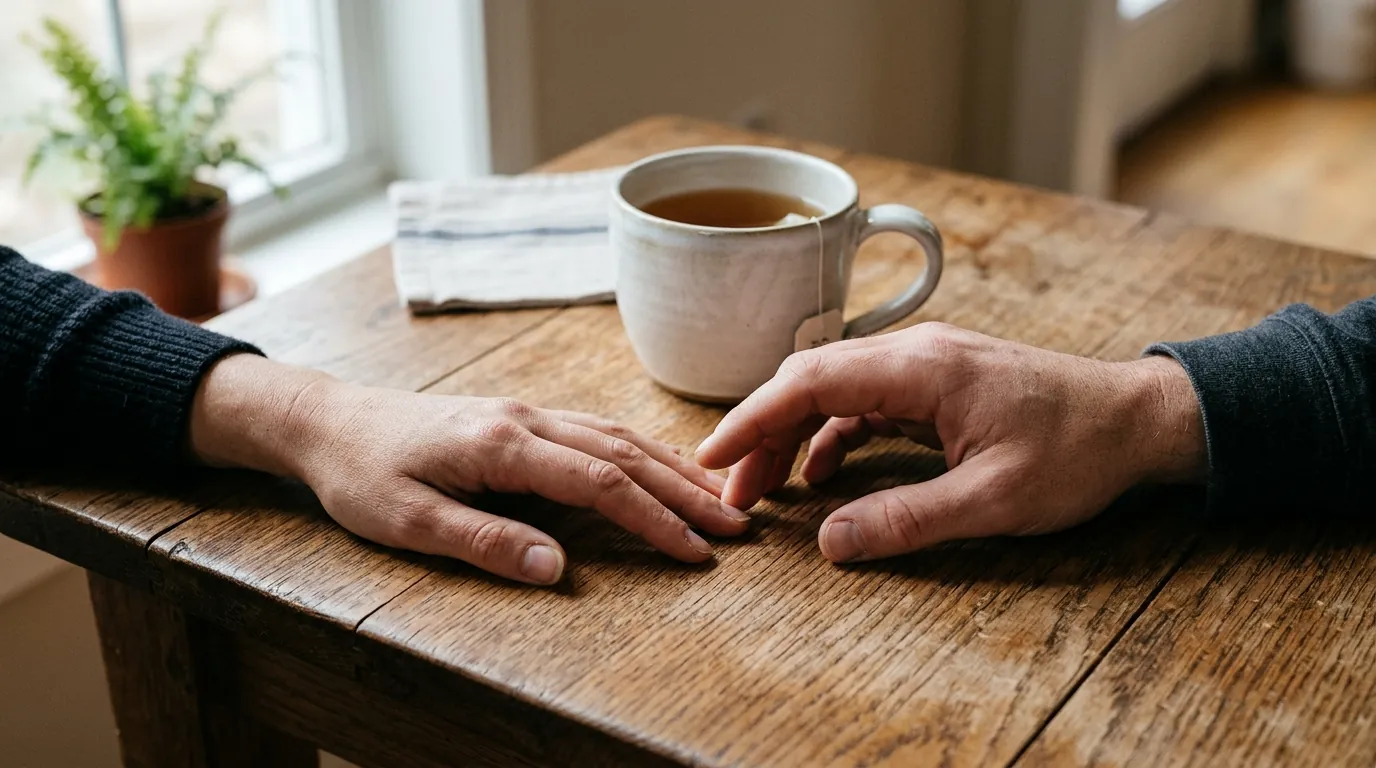 Two hands resting on a wooden table, one reaching toward the other, beside a cup of tea