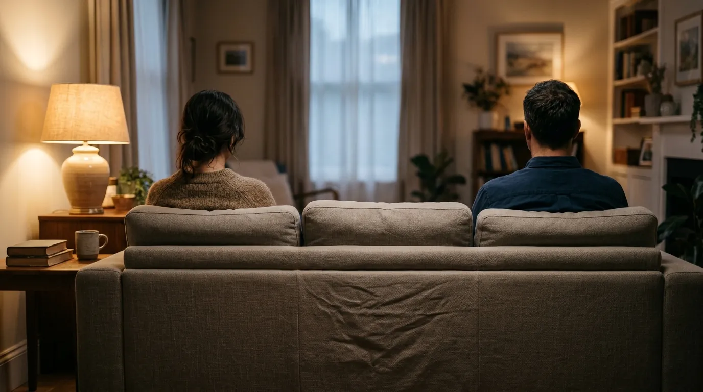 Two adults sitting at opposite ends of a long sofa in a softly lit room, seen from behind, with a gap between them