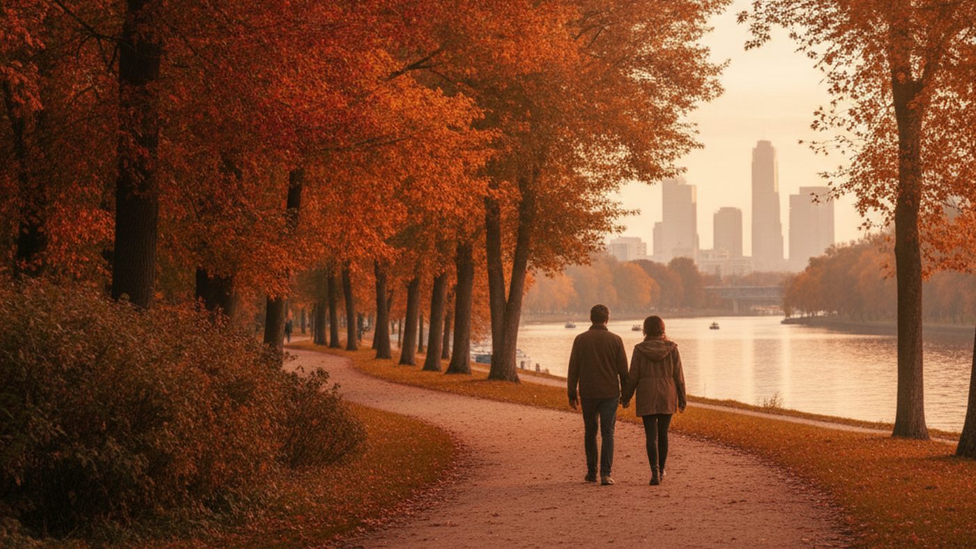 Two people walking side by side along a riverside path lined with red and orange autumn trees