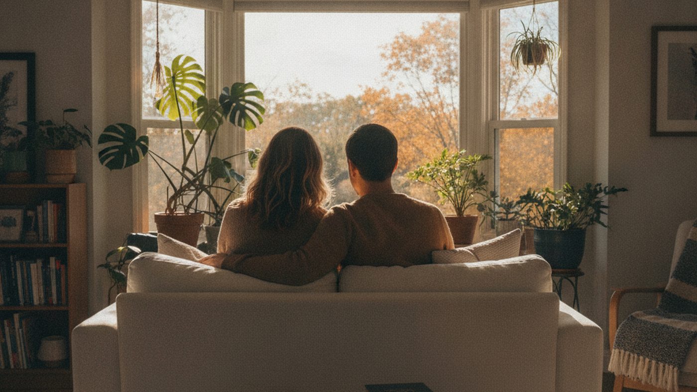 A couple sitting close together on a sofa in a bright living room, facing a bay window with autumn trees outside