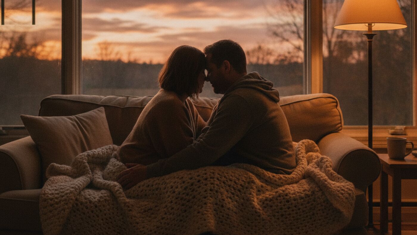 A couple silhouetted against an autumn sunset, sitting close together on a sofa under a knit blanket by a large window