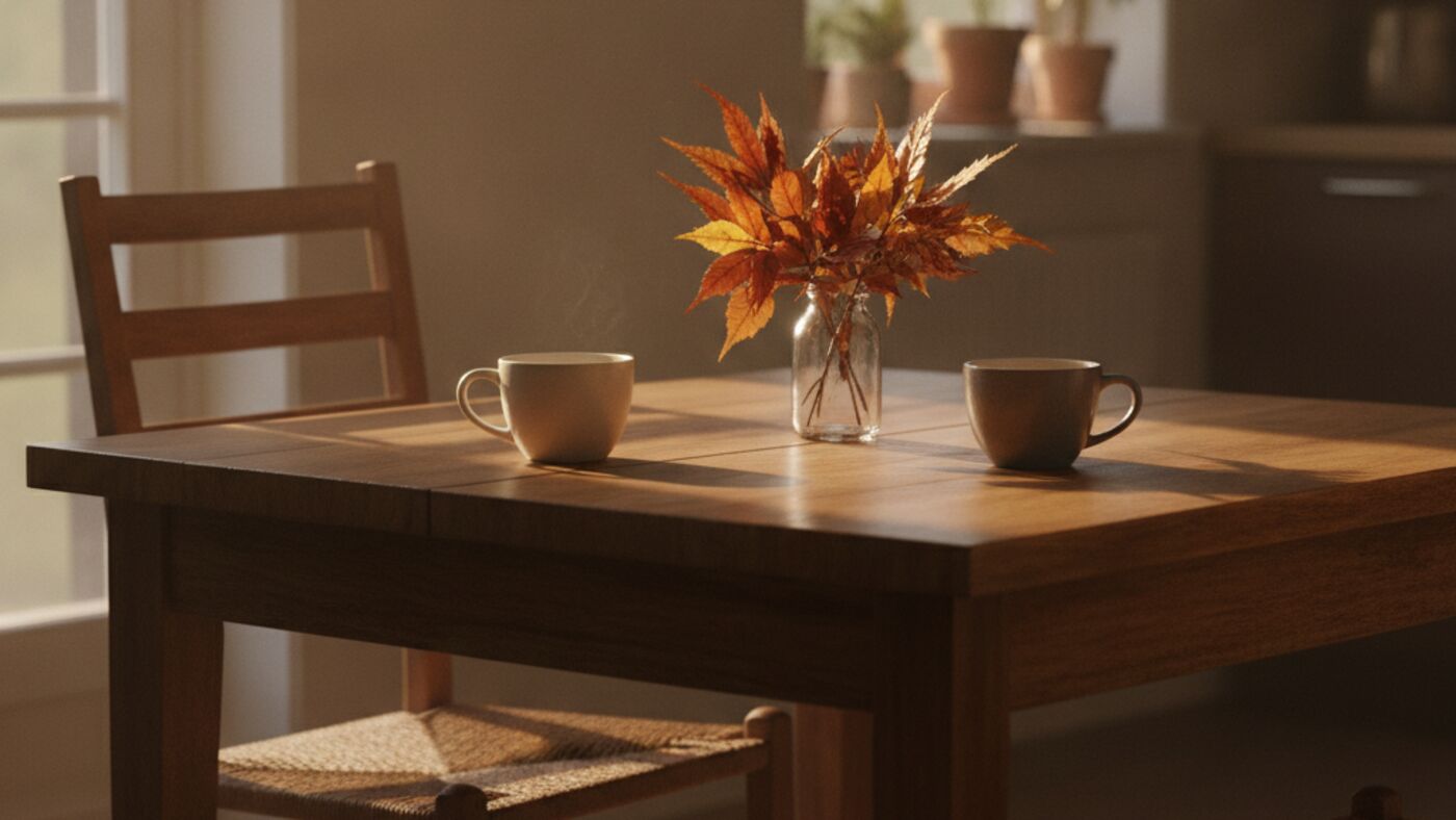 Two cups of coffee on a sunlit wooden kitchen table with a small vase of autumn leaves between them and two empty chairs