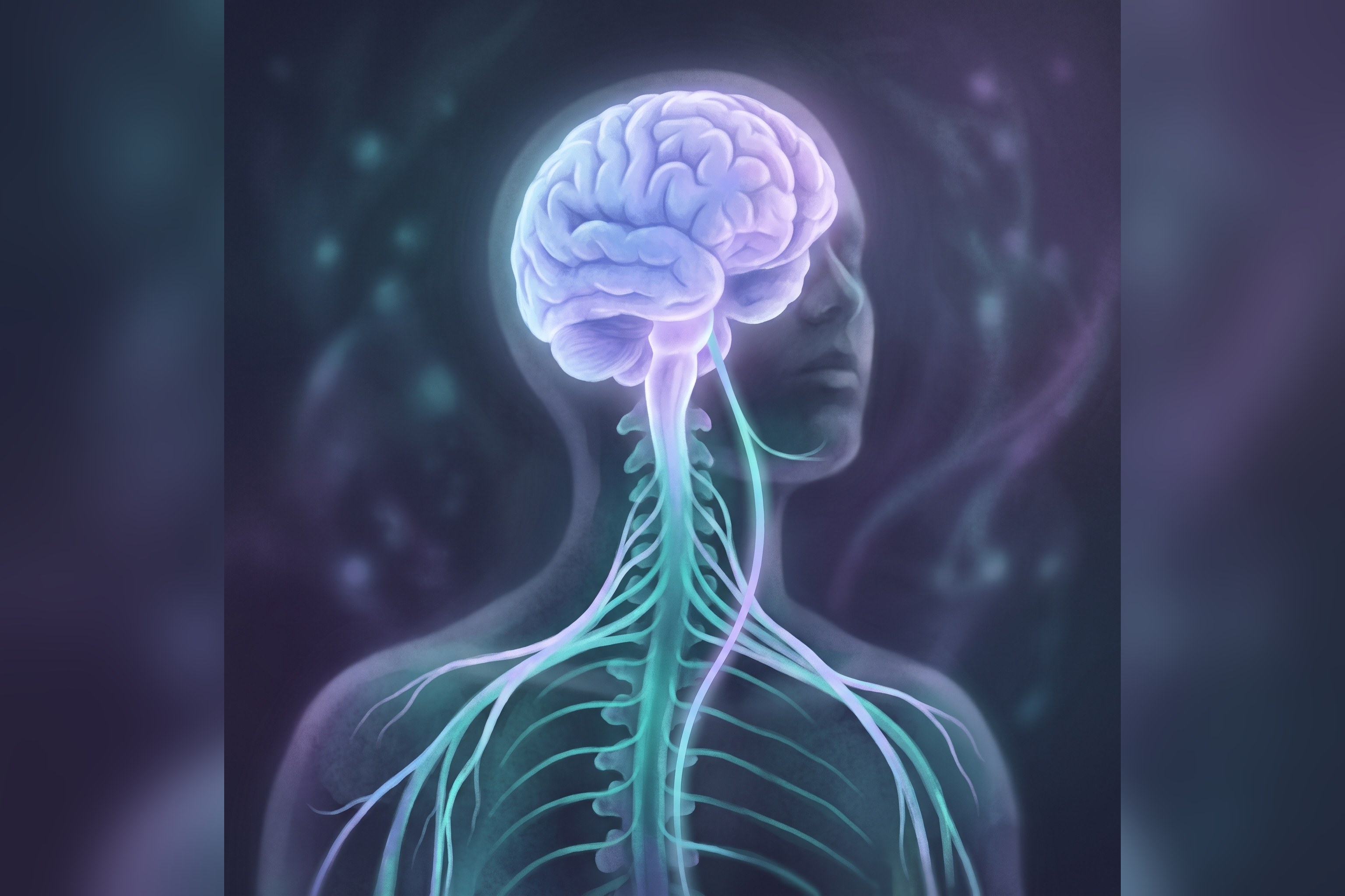 Illustration of the brain, spinal cord, and nerve pathways that carry a threat signal through the body