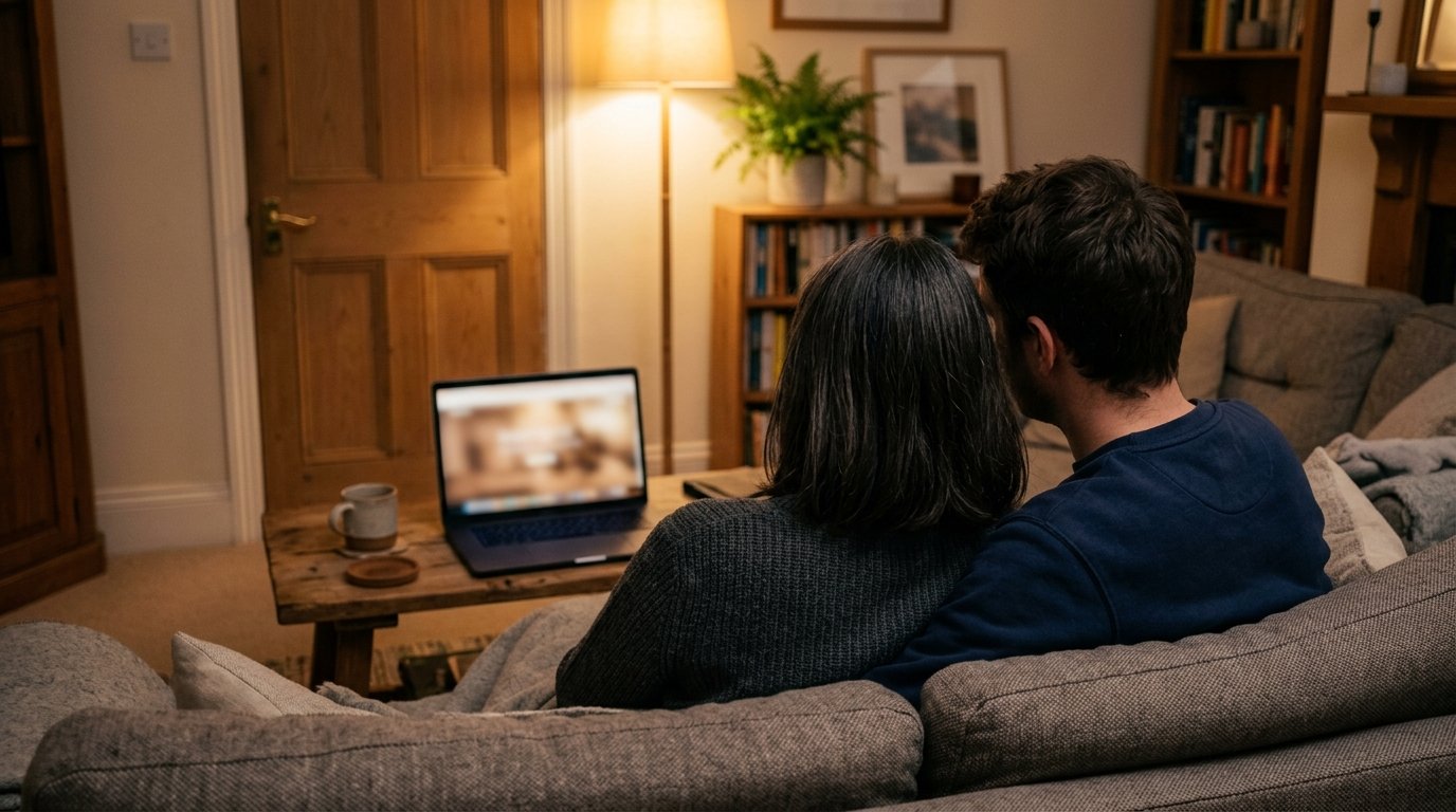 Two people on a sofa facing a laptop on a low table, seen from behind in a softly lit living room