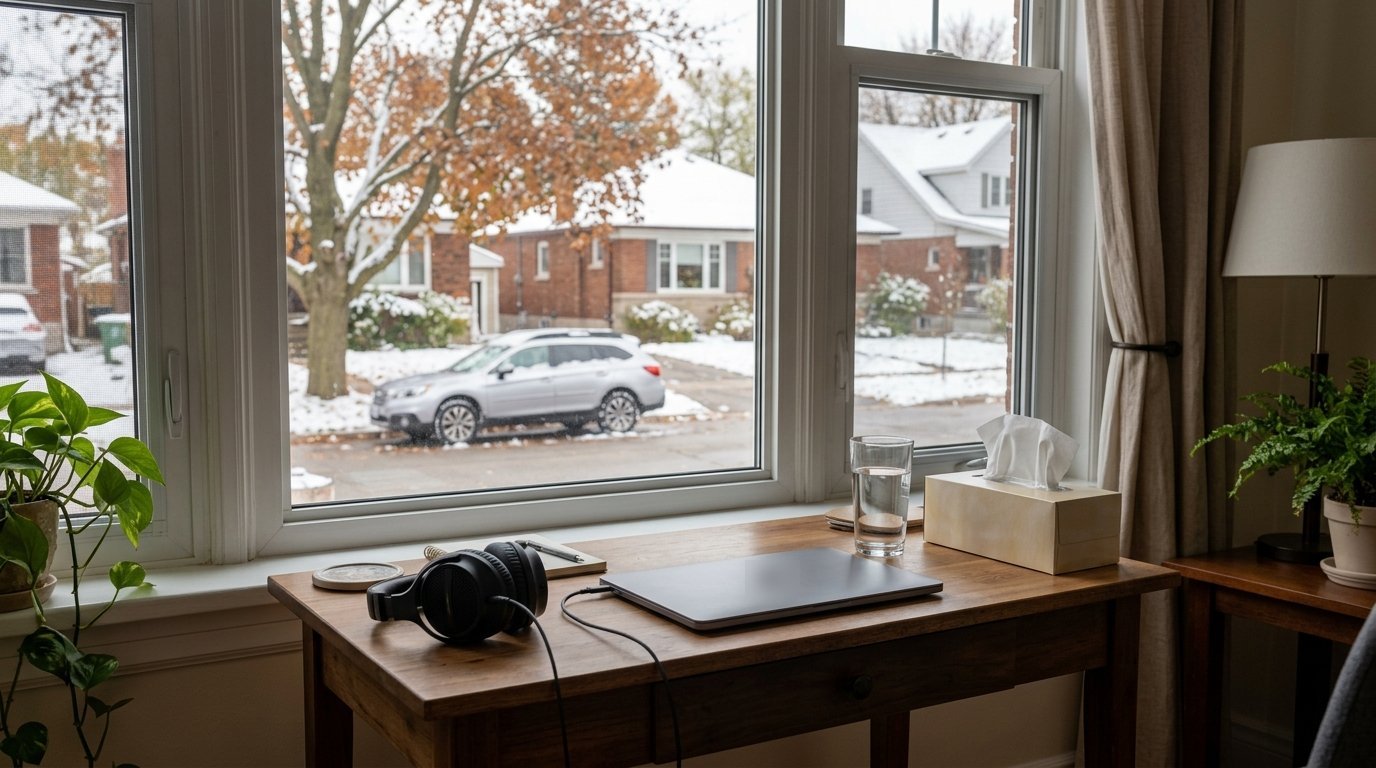 A laptop, headphones, a glass of water and tissues on a small desk by a window looking onto a quiet residential street