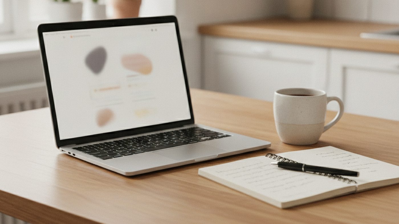 Open laptop on a kitchen table beside a mug and a notebook with a pen, set up to look something up