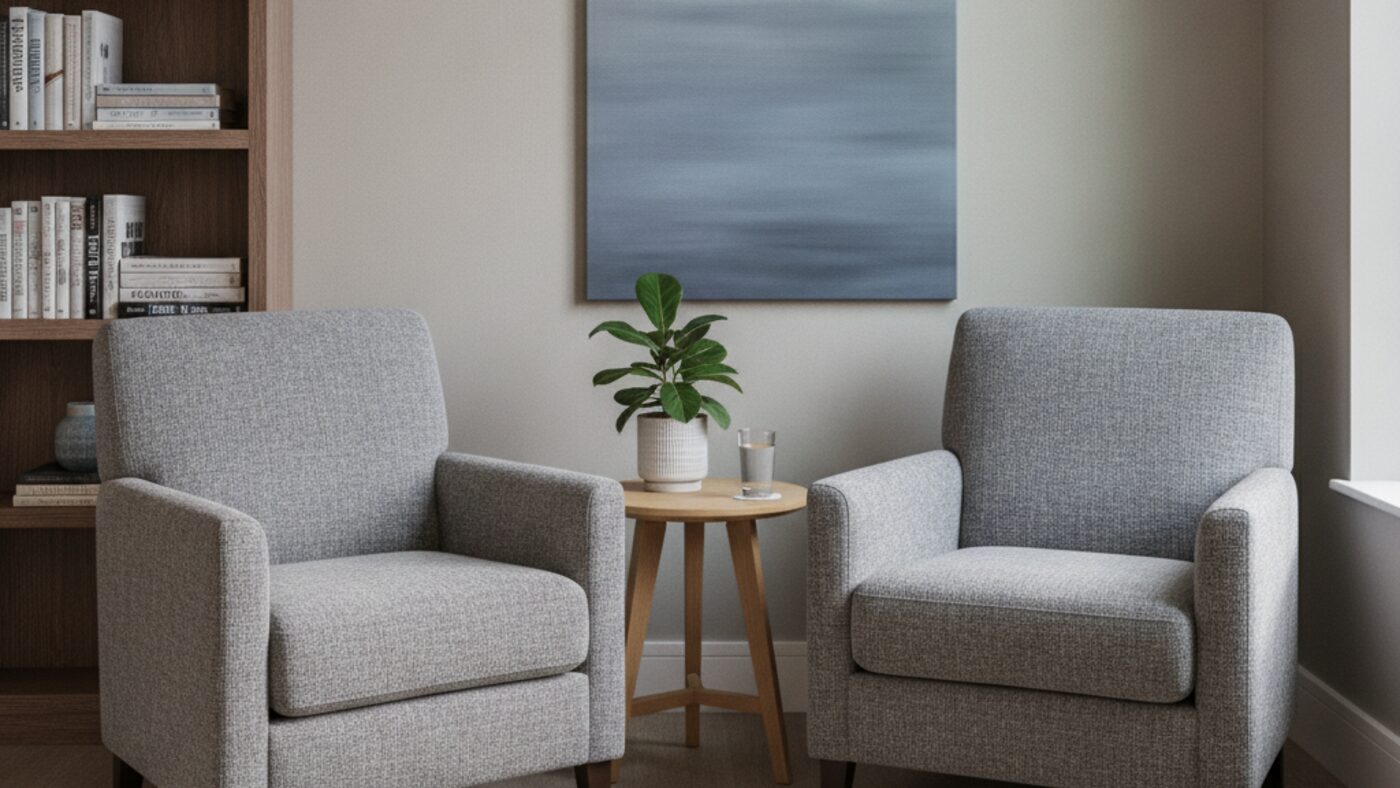 Two upholstered chairs facing each other in a quiet counselling room with a side table and soft daylight