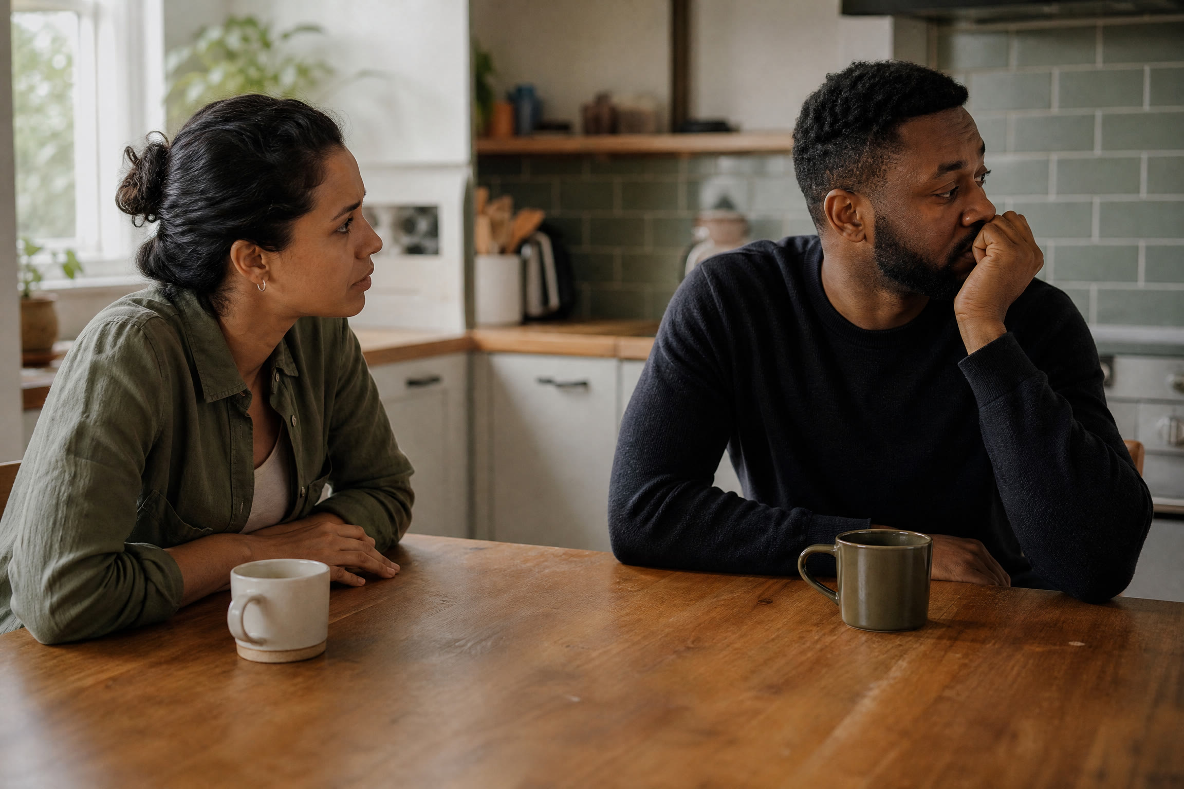 One partner reaches for connection while the other turns away to regulate after a difficult conversation.