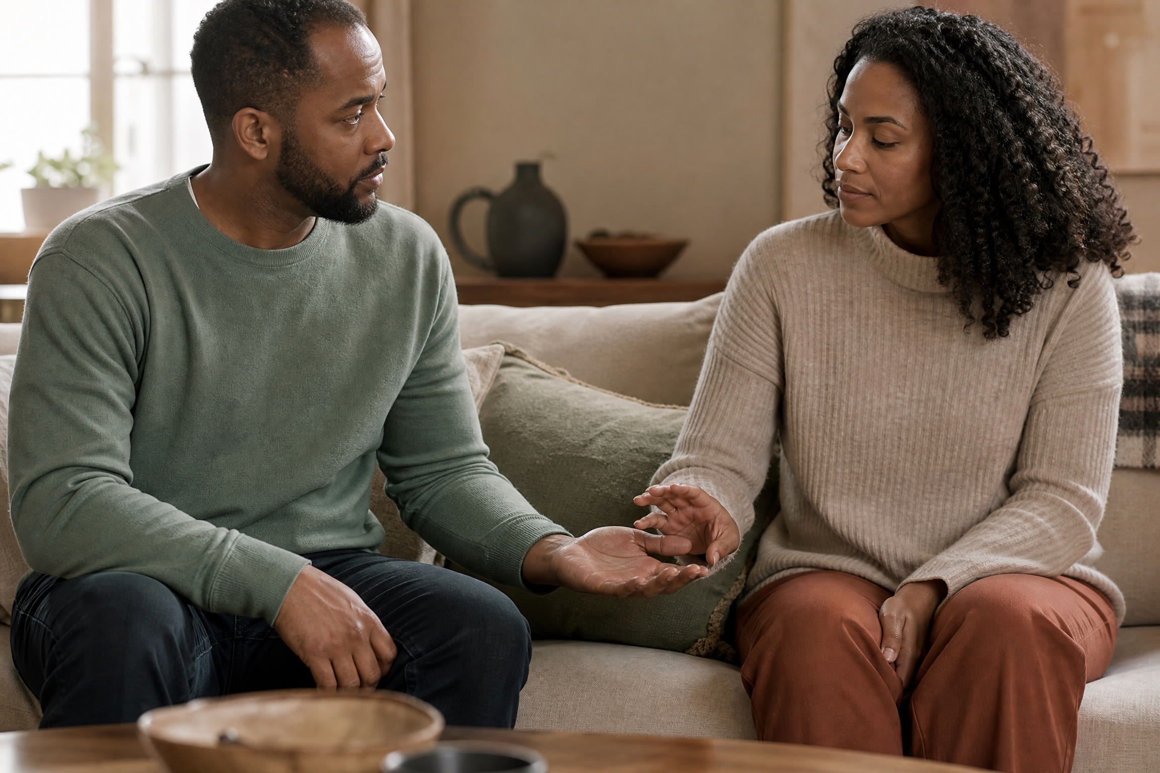 A couple begins a careful repair after conflict by turning toward each other with softened body language.