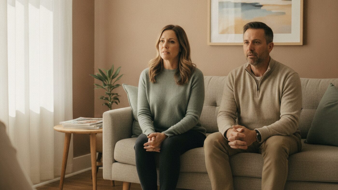 A couple sitting fully clothed on a couch in a counselling office, both facing the therapist