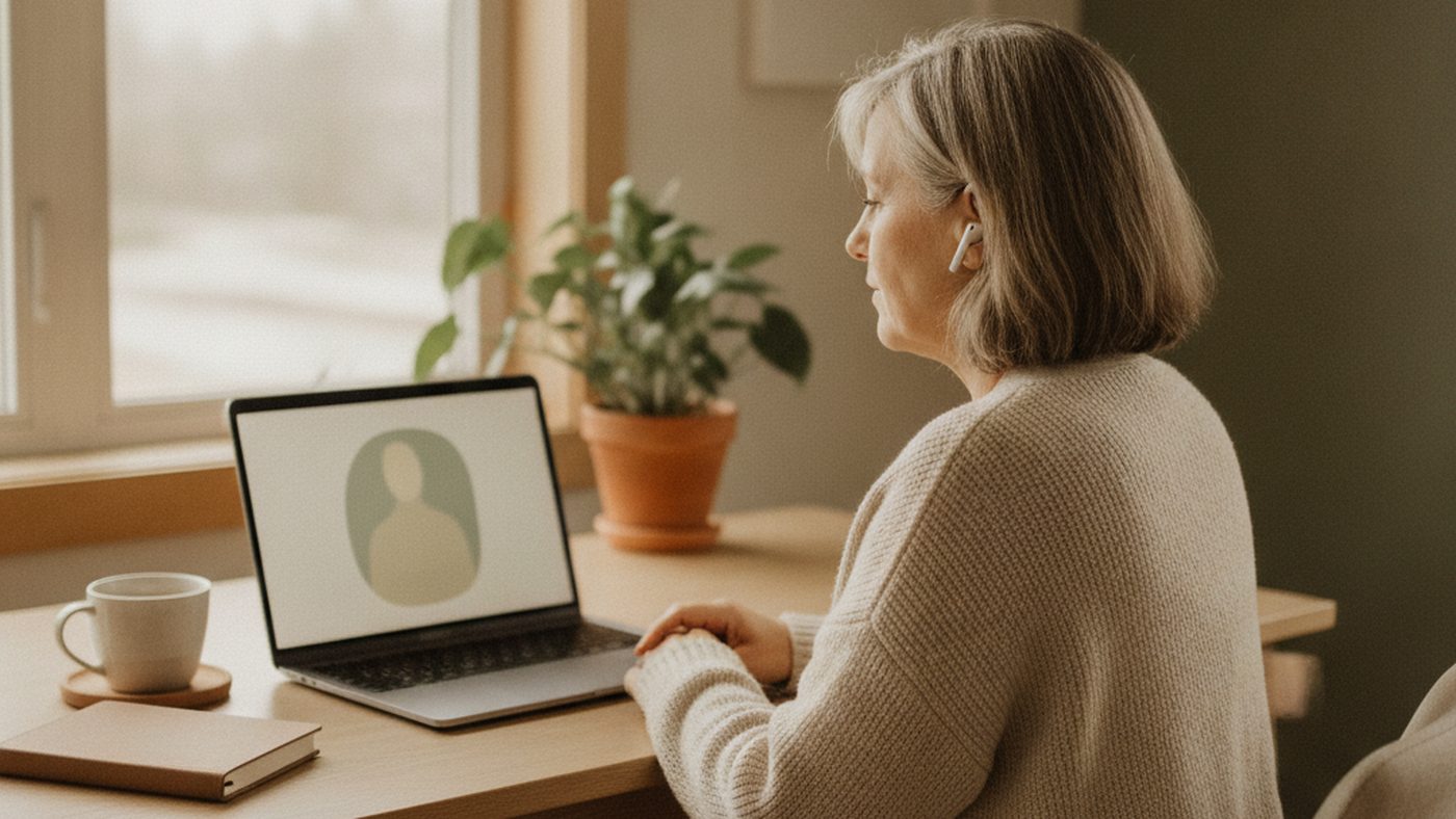 A woman attending a private virtual sex therapy session from a desk at home in Ontario