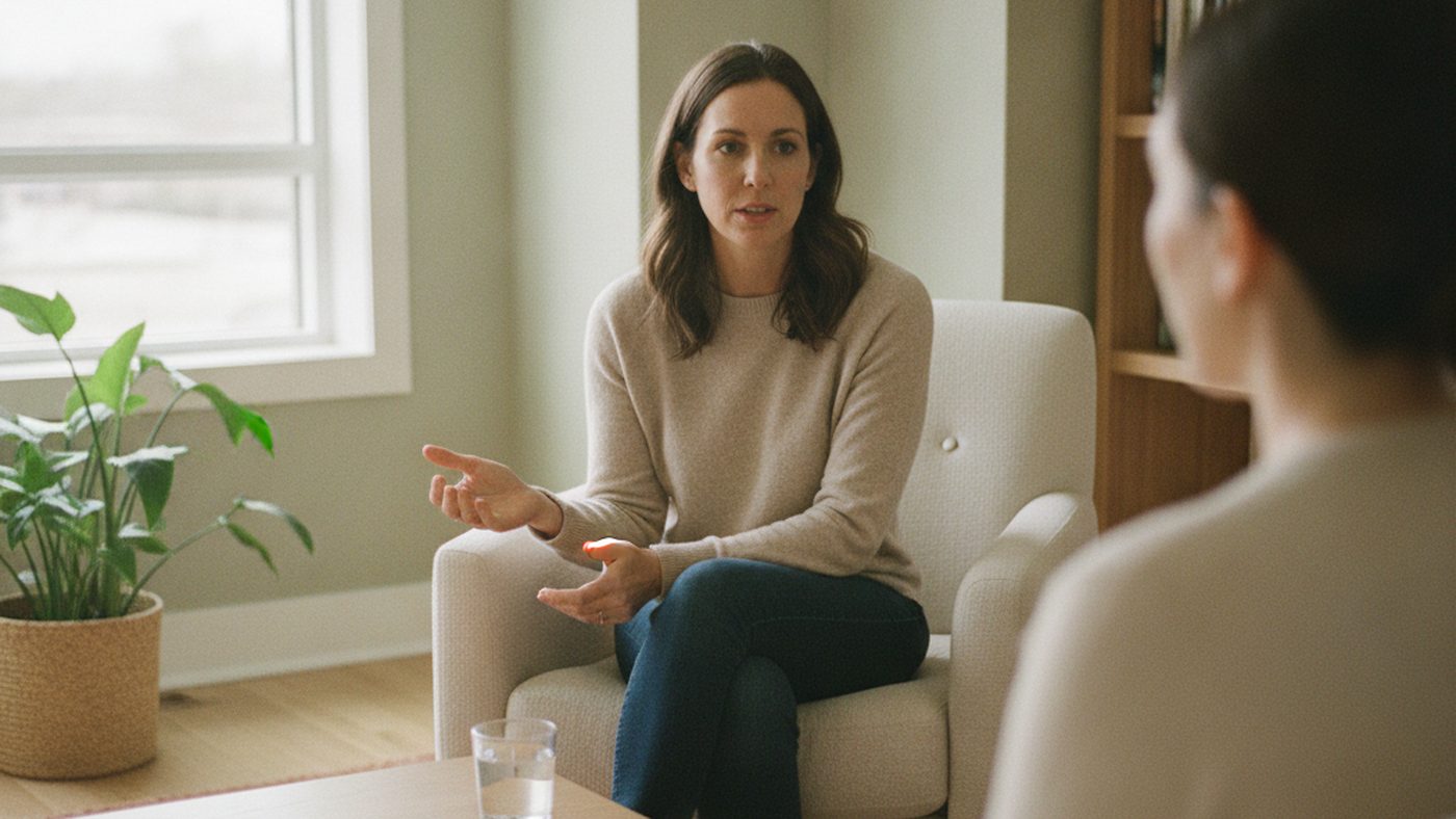 A client sitting fully clothed in an armchair, talking with a sex therapist in an ordinary London, Ontario counselling office