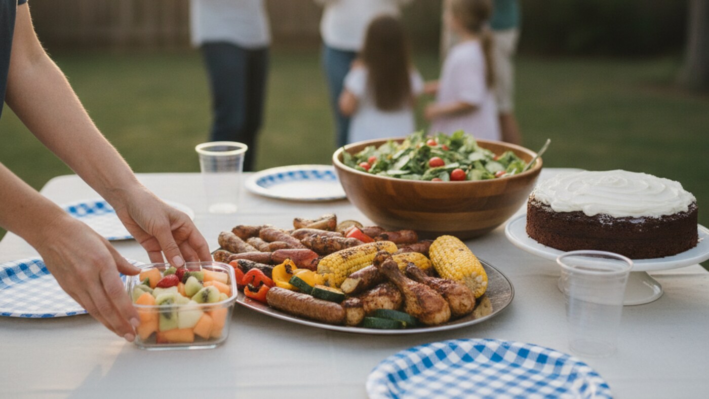 A small container of cut fruit set down at the edge of a backyard barbecue table laid with shared summer food