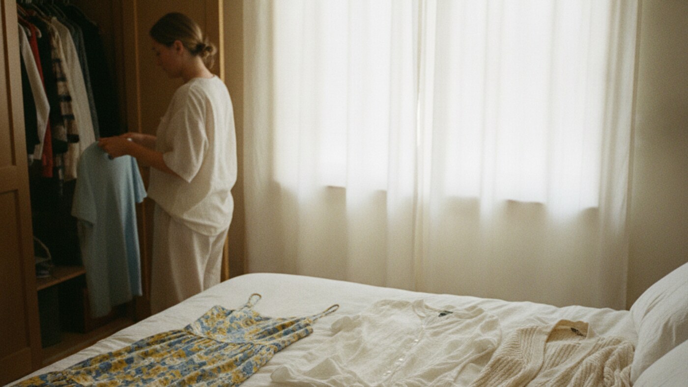 Summer clothes laid out across a bed in a quiet bedroom while someone stands at an open closet holding another top