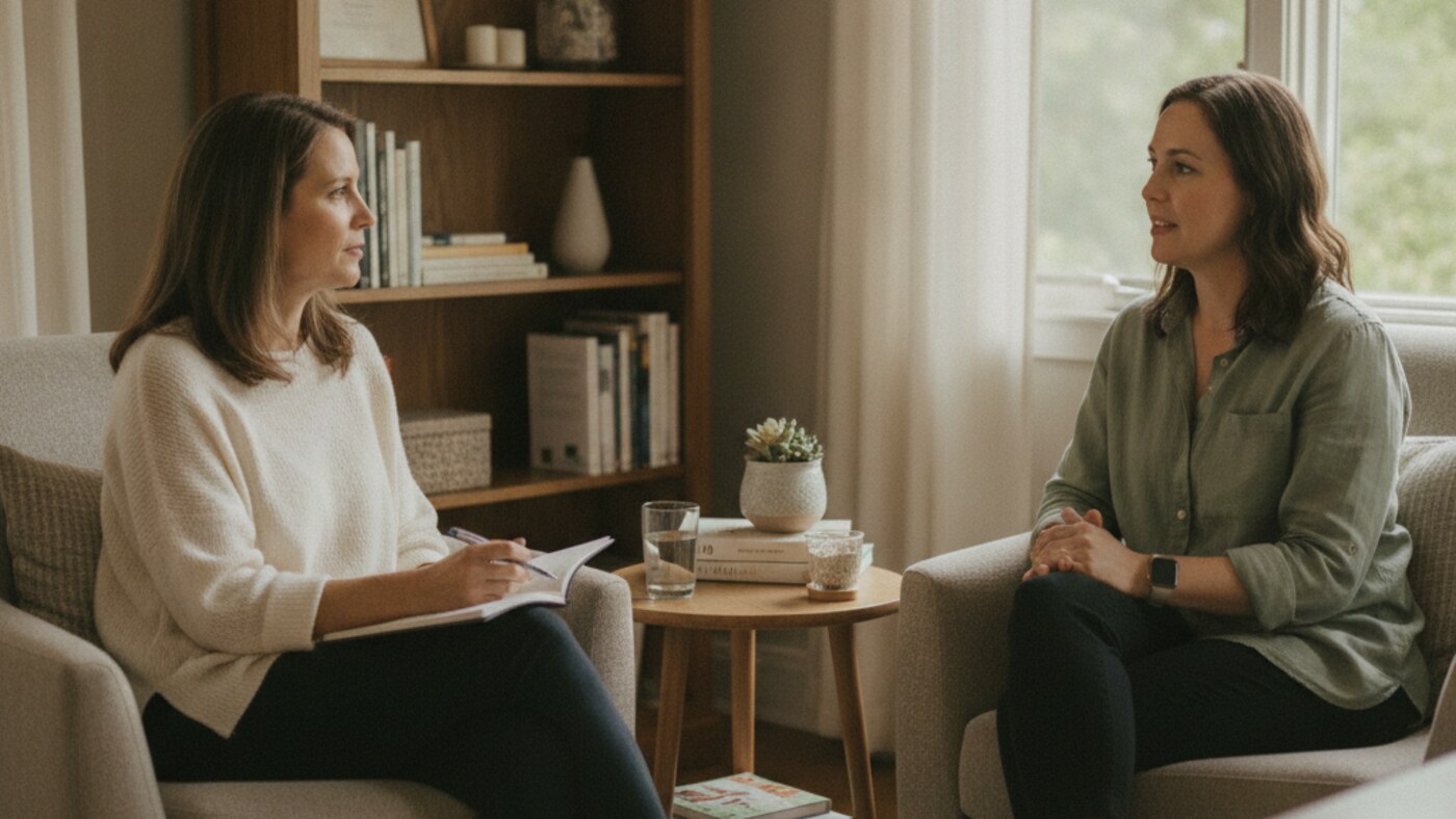 Two women sitting in armchairs in a warm, quiet counselling office in conversation