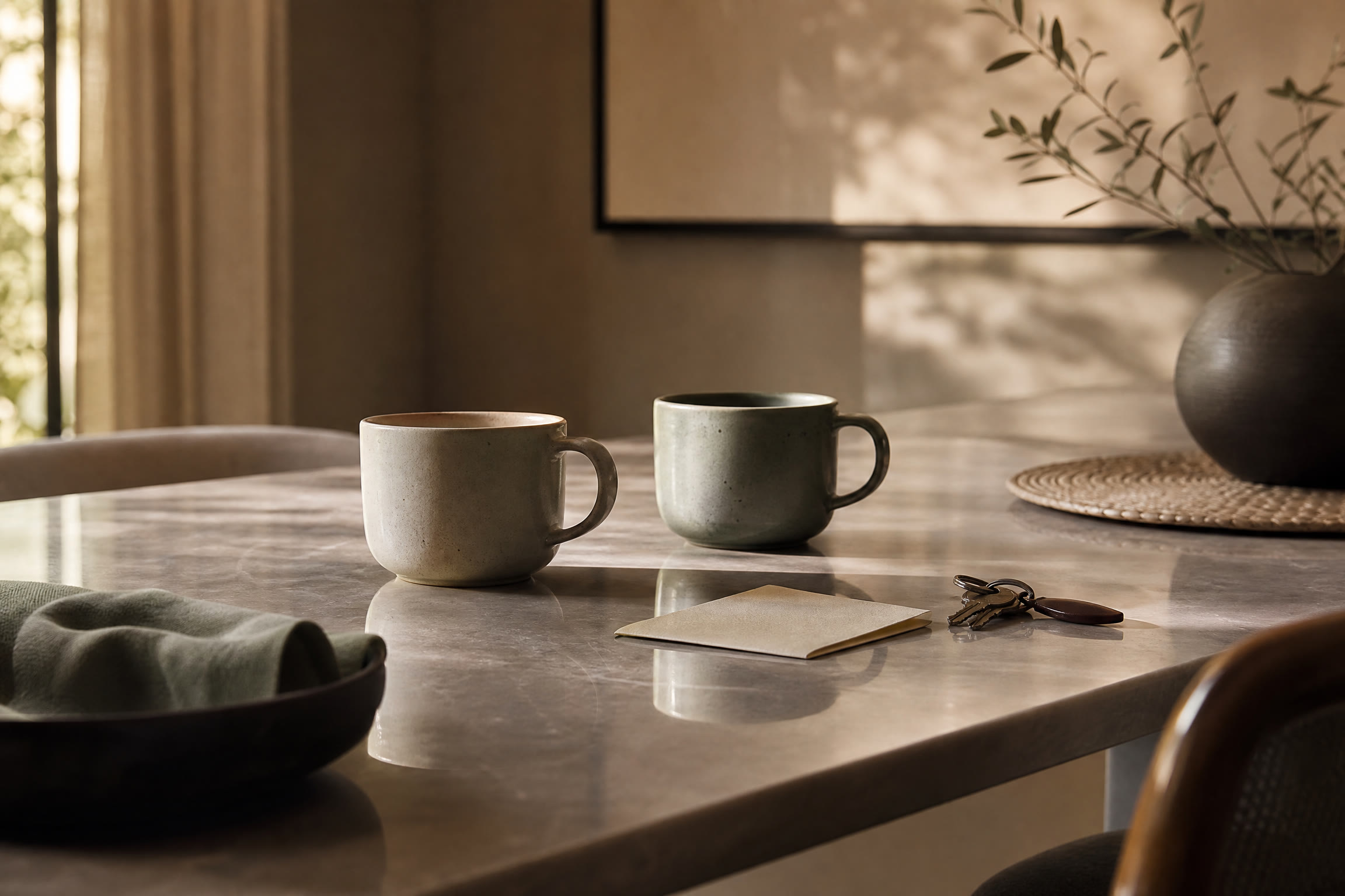 Two cups and everyday objects after a difficult conversation suggest the deeper meanings beneath an ordinary disagreement.