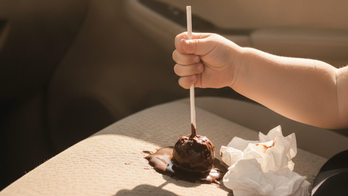 A melted chocolate cake pop smeared on a toddler's car seat on a hot summer day