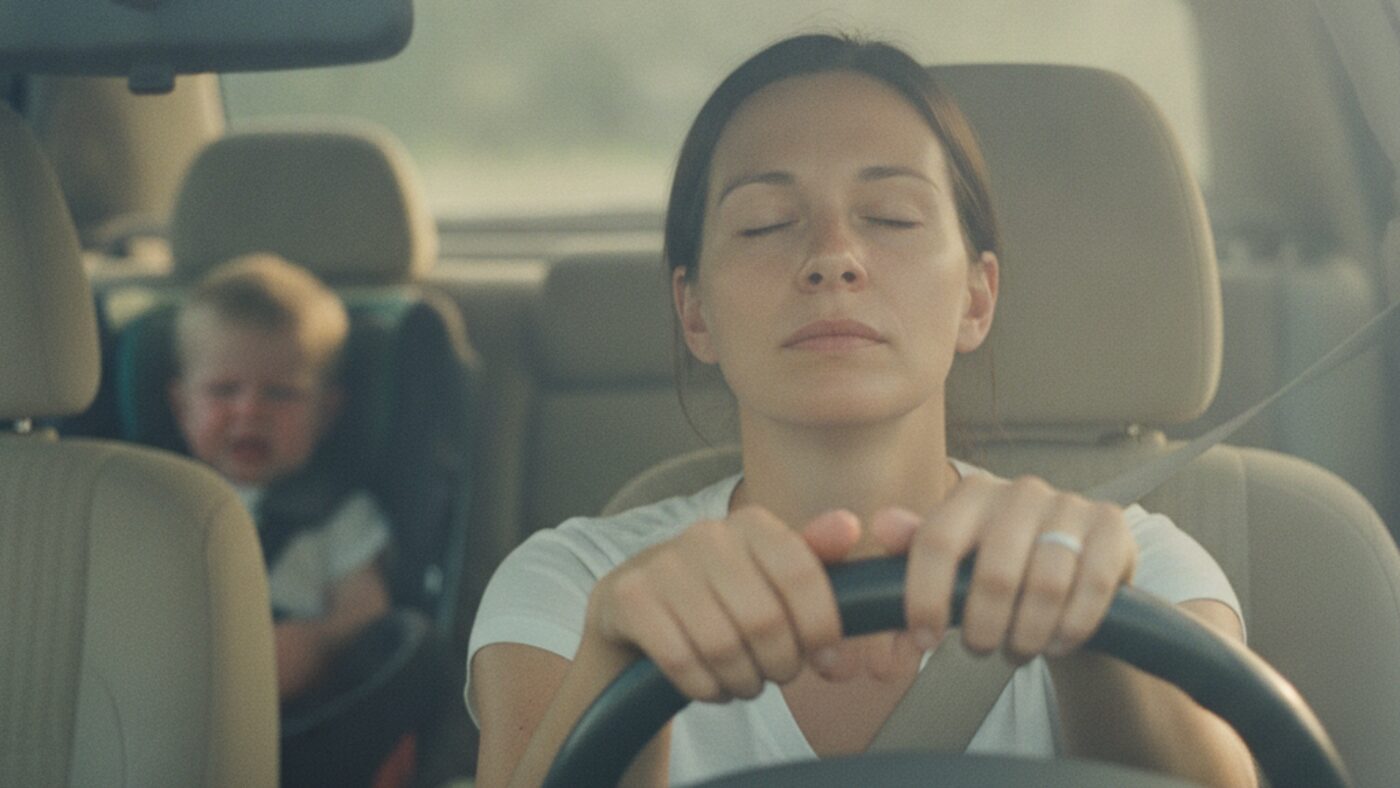 A mother pausing to breathe in the driver's seat of a parked car while her toddler is upset in the back seat