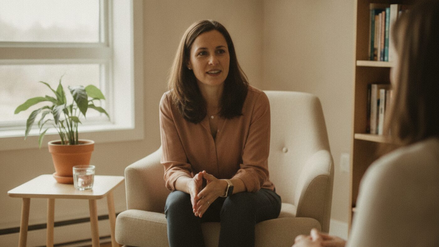 A mother talking with a therapist about parenting and emotional regulation in a counselling office in London, Ontario